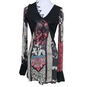 Save the Queen Gothic Patchwork 100% Silk Tunic Dress Whimsy Goth XS Italy